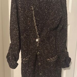 BKE Black and White Flecked Knit Cardigan with Crochet Trim